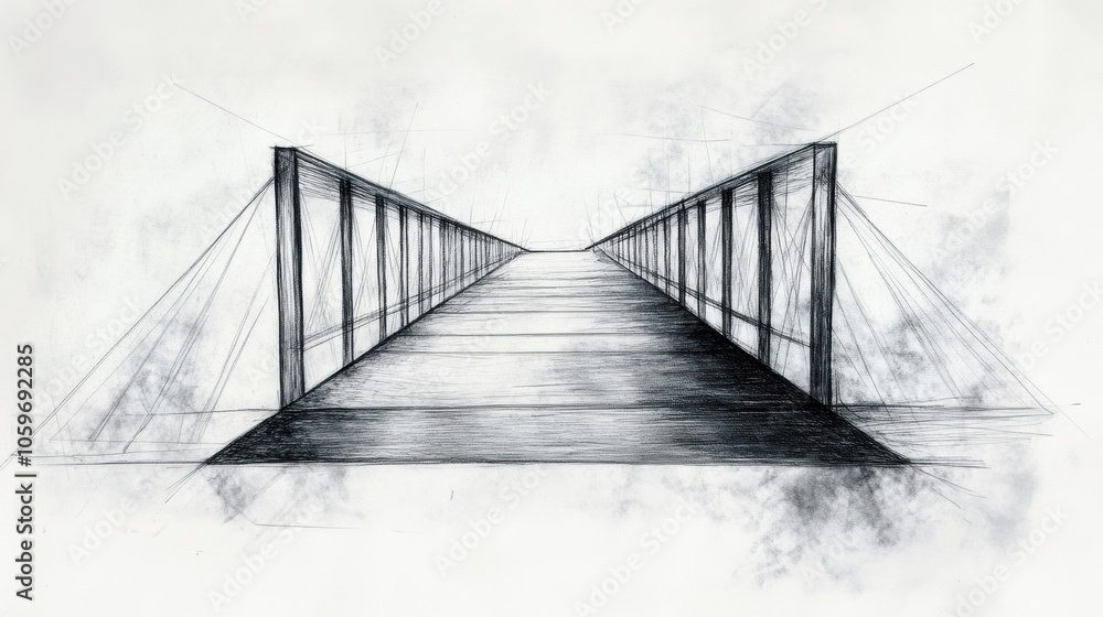 Poster a detailed abstract representation of a bridge, showcasing a linear perspective that draws the viewe