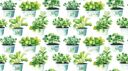 Fototapeta premium Watercolor illustration of hydroponic systems for home gardening showcasing automatic watering technology in a seamless pattern