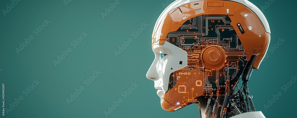 Poster human-like robot with visible ai circuitry