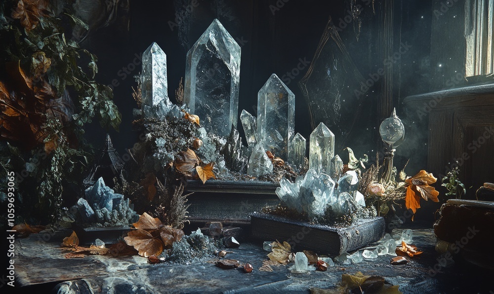 Poster the scene is set with mesmerizing crystal minerals scattered leaves and mystical witchy objects agai