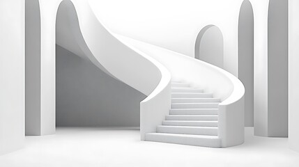 This captivating stock photo showcases a modern minimalist interior featuring a striking white spiral staircase