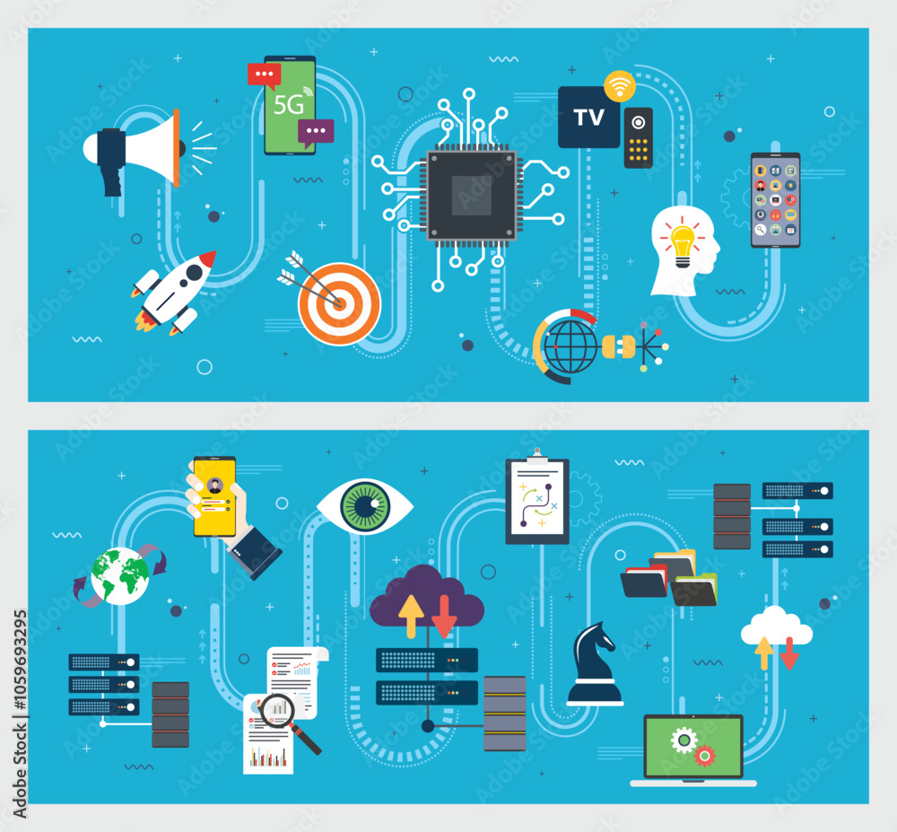 Poster vector graphic illustration of icon set with concepts of modern technology and digital communication