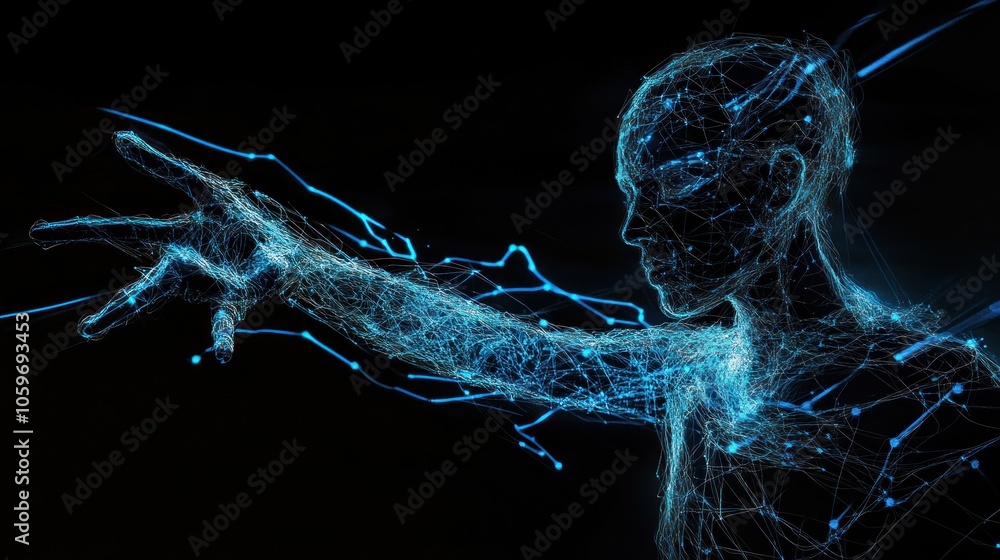 Poster an abstract digital human figure, composed of glowing lines and points of light, reaching out with i