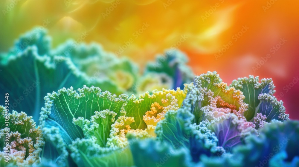 Poster blossoming cabbage plants display intricate textures and vibrant colors, thriving under sunlight in 