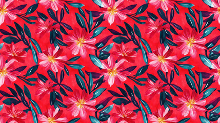 Vibrant seamless pattern featuring pink watercolor flowers and lush scarlet foliage on a bold red background ideal for textile and fashion design