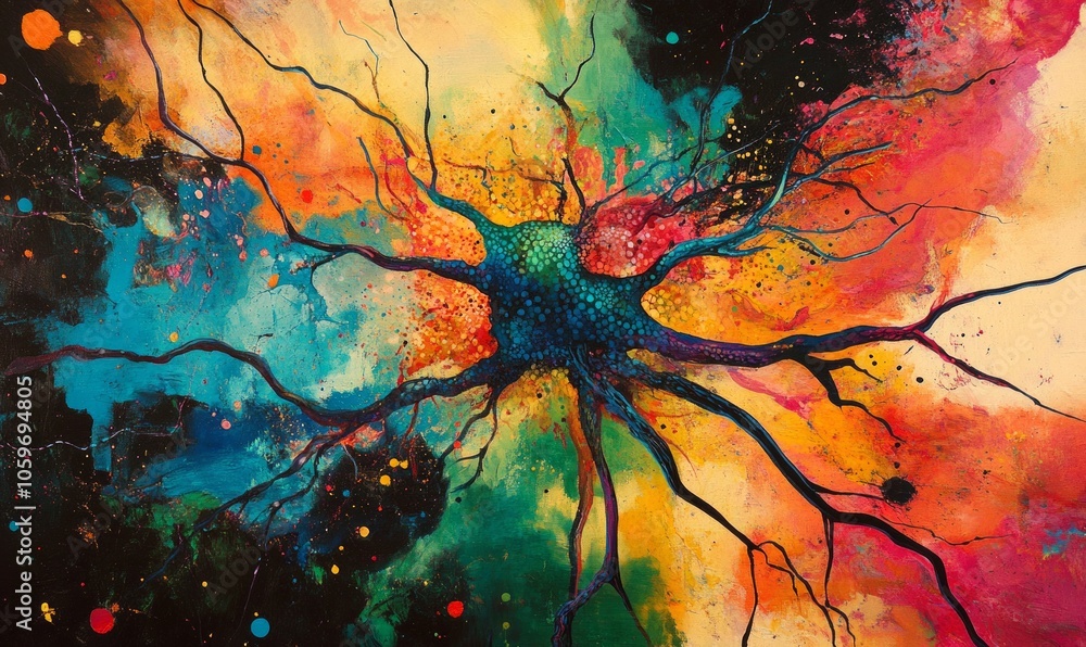 Poster vibrant depiction of a neuron with colorful extensions, representing the beauty of cellular structur