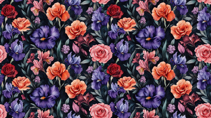 Fototapeta premium Watercolor seamless pattern featuring hand drawn floral bouquet with irises roses and gladiolus perfect for textile design home decor