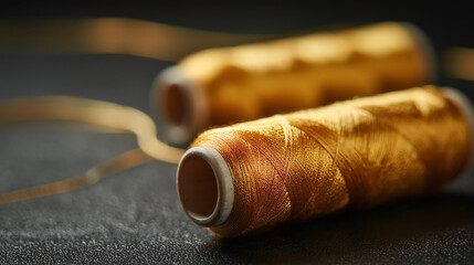 Yellow threads lie on the table, close-up