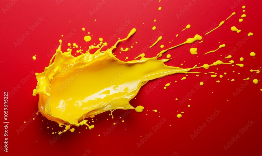 Poster vibrant splash of yellow liquid on a bold red background creating dynamic visual energy and striking