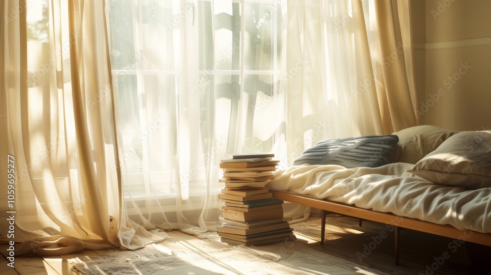 Aufkleber an inviting reading nook illuminated by warm sunrays filtering in through curtains beckons with a pl