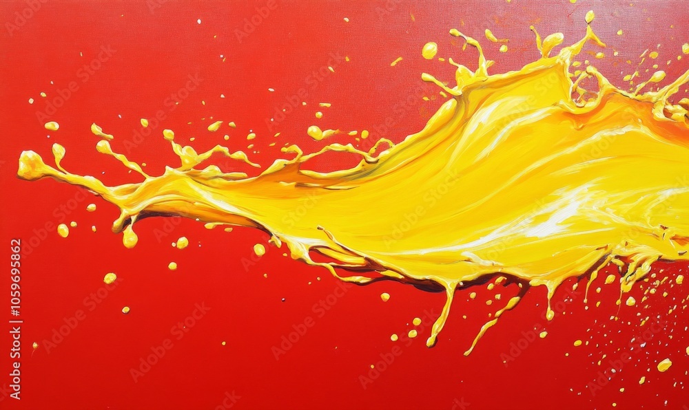 Poster vibrant splash of yellow liquid on a bold red background creating dynamic visual energy and striking