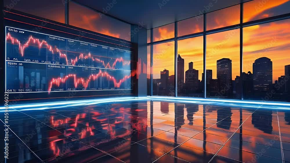 Poster empty office with a large window overlooking a cityscape and a stock market chart on the wall.