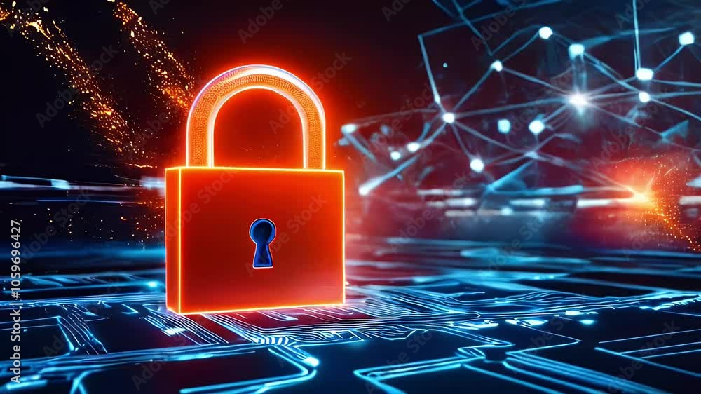 Poster a glowing red padlock sits on a blue circuit board with a network of glowing lines in the background