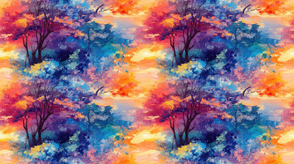 Fototapeta premium Seamless pattern of vibrant oil painting depicting a sunny summer landscape with wooden elements decorative design