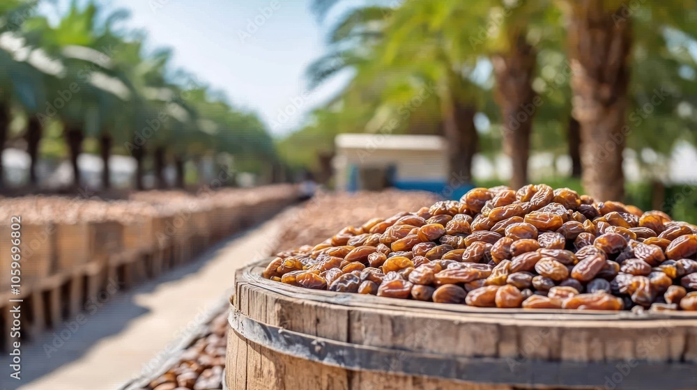 Poster a close-up of a wooden barrel filled with dates, with a field of date palms in the background.