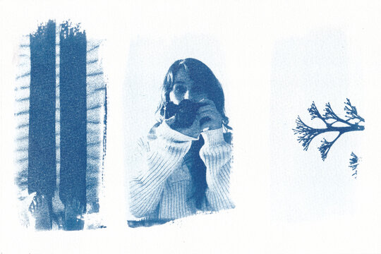 Cyanotype triptych of woman, light, and branch