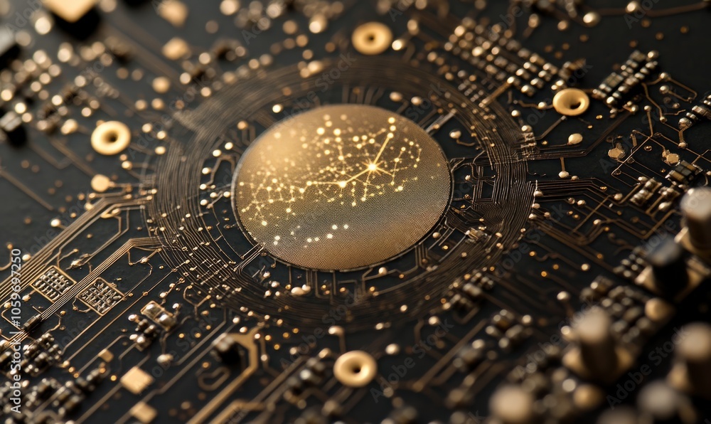 Poster a close-up image of a navigation chip used in space exploration, featuring a star map and spatial co