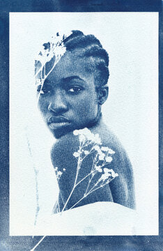 Cyanotype portrait of woman with floral overlay