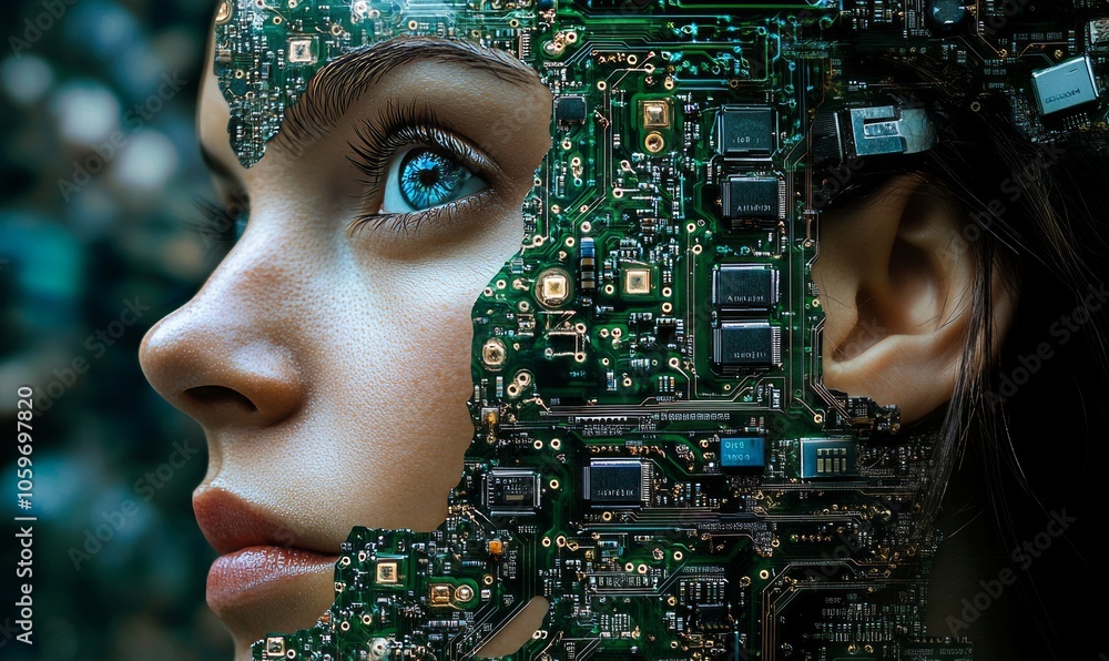 Poster woman's face is made of computer chips and wires. the image is a representation of the idea of techn