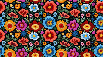 Seamless fashion embroidery pattern featuring vibrant floral designs ideal for textile applications
