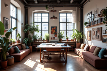 Bright and inviting art studio featuring large windows, lush houseplants, and comfortable seating, creating an inspiring atmosphere for creativity and collaboration - Generative AI