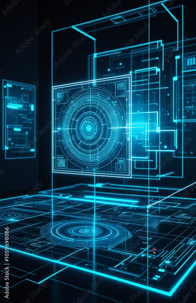 Poster futuristic holographic interface display with digital data panels and blue grid design