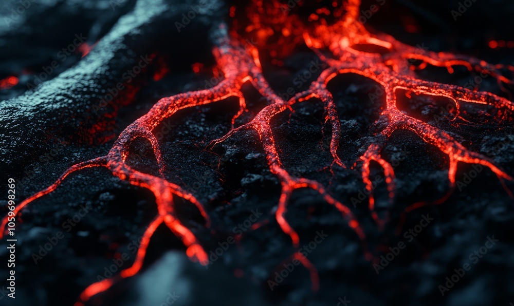 Poster a close-up image of an underground root system glowing with a soft red light, emphasizing the intric