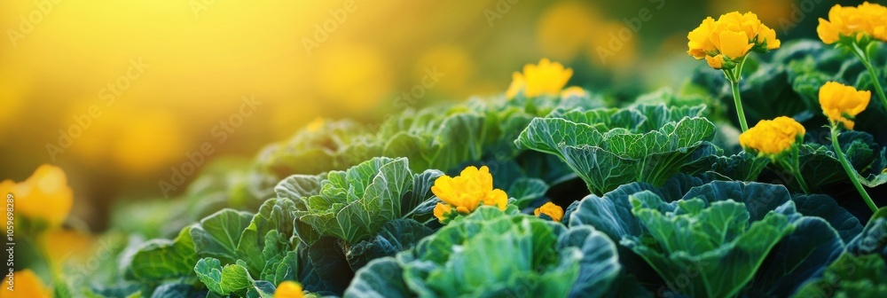 Aufkleber bright yellow flowers bloom amidst lush green cabbage and squash leaves, illuminated by the soft glo