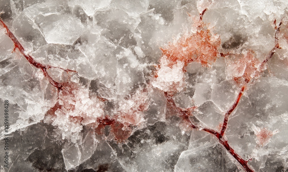 Poster a close-up image of crystalized ice with embedded red veins, capturing the complexity and beauty of 