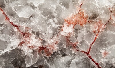 A close-up image of crystalized ice with embedded red veins, capturing the complexity and beauty of frozen nature