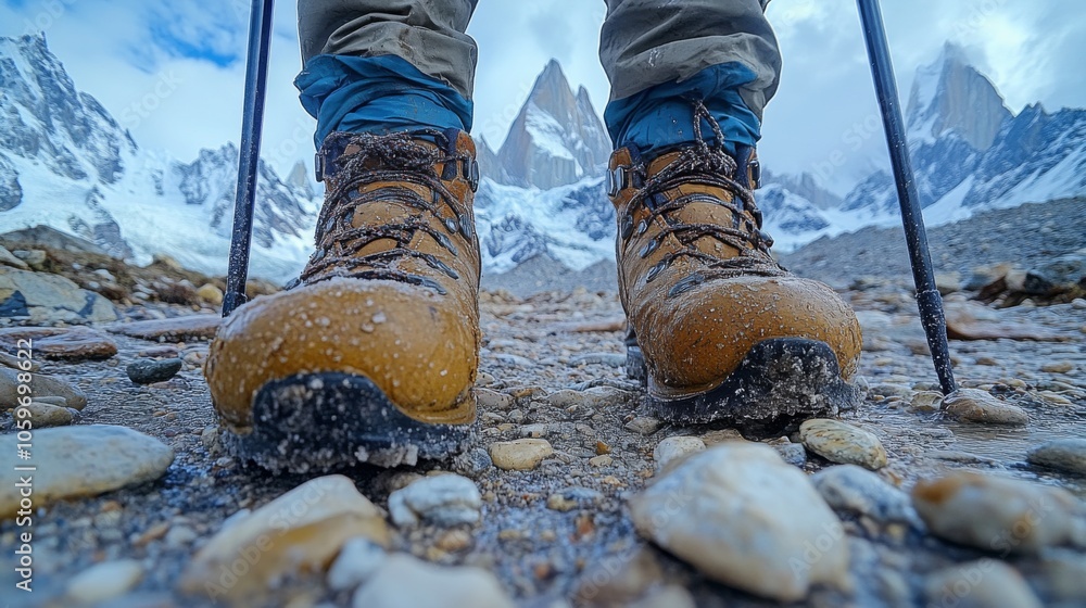 Poster close-up view of a hiker's boots standing on a rocky path, surrounded by majestic snow-capped mounta