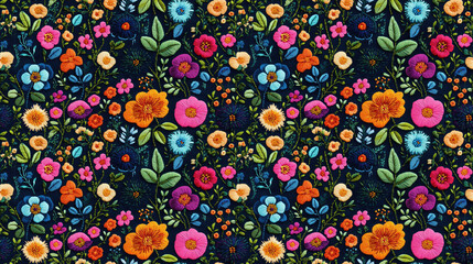 Seamless pattern of Indian traditional embroidery featuring multi ethnic flowers and leaves adorned with trendy decorative motifs and ornaments