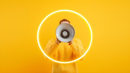 Online content creator passionately speaking through a megaphone, framed within a video media player, highlighting an advertising campaign, bright and dynamic