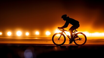 Obraz premium Cyclists taking a break on a foggy night, resting by their bikes on a dimly lit highway, the surreal glow of streetlights cutting through the mist