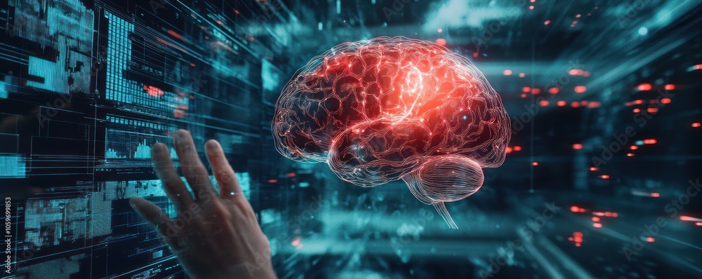 Poster futuristic brain and hand interaction in a digital space with technological vibes