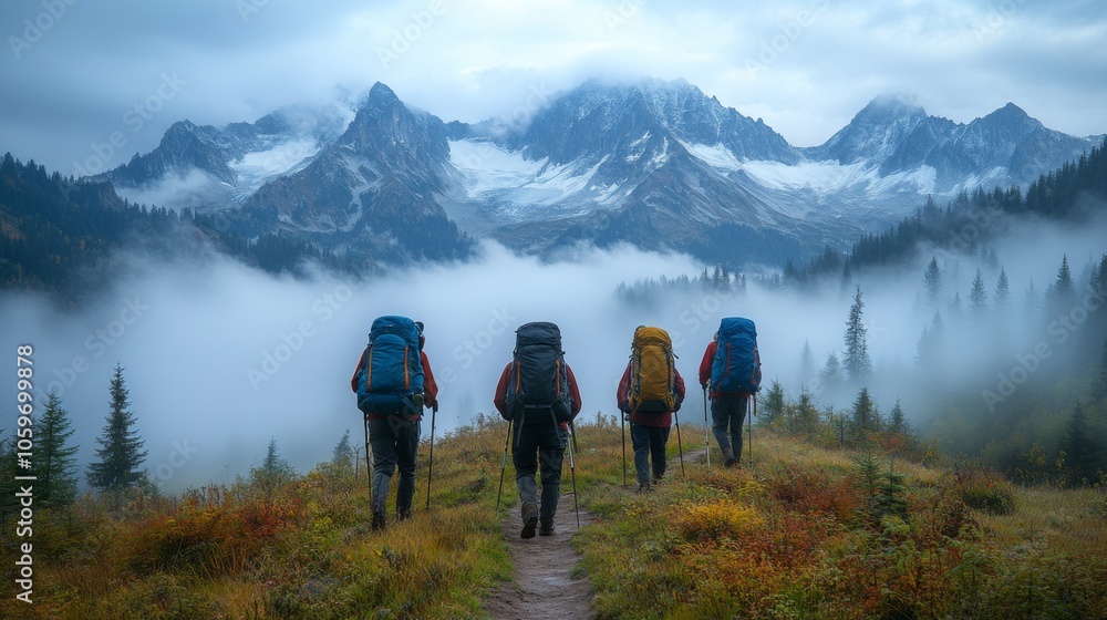 Aufkleber a group of four hikers make their way along a forested path, surrounded by mist and majestic mountai