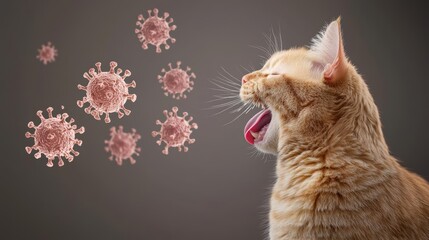 A coughing cat releasing glowing viral particles into the air, highlighting airborne disease transmission
