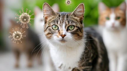 Obraz premium A group of stray cats, with one visibly sick, standing in an environment surrounded by highlighted bacteria