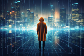 cybersecurity concept. Futuristic double exposure. Unknown man and city overlayed with data. High quality photo