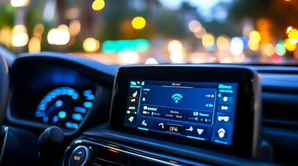 Car Dashboard with Wifi Icon, Night City Lights Background - Photo