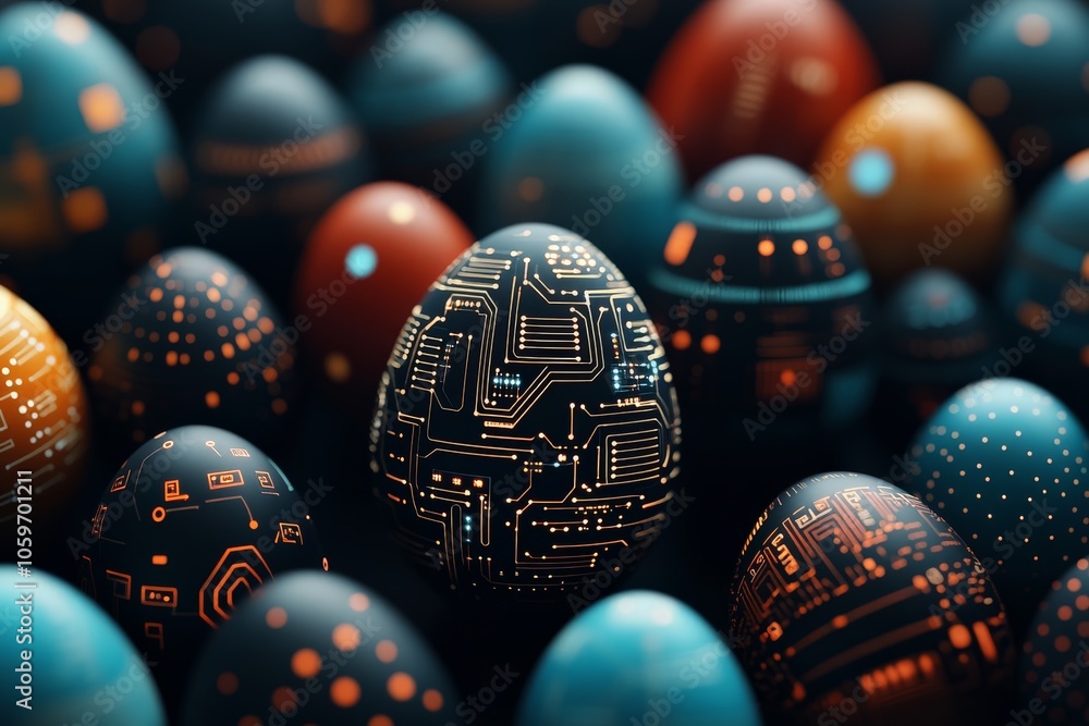 Poster a collection of eggs decorated in intricate circuit patterns, symbolizing the fusion of nature and t