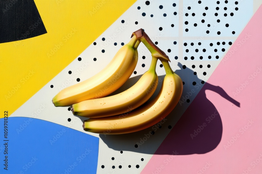 Leinwandbilder bananas are artistically arranged against a colorful abstract geometric background, creating a fresh