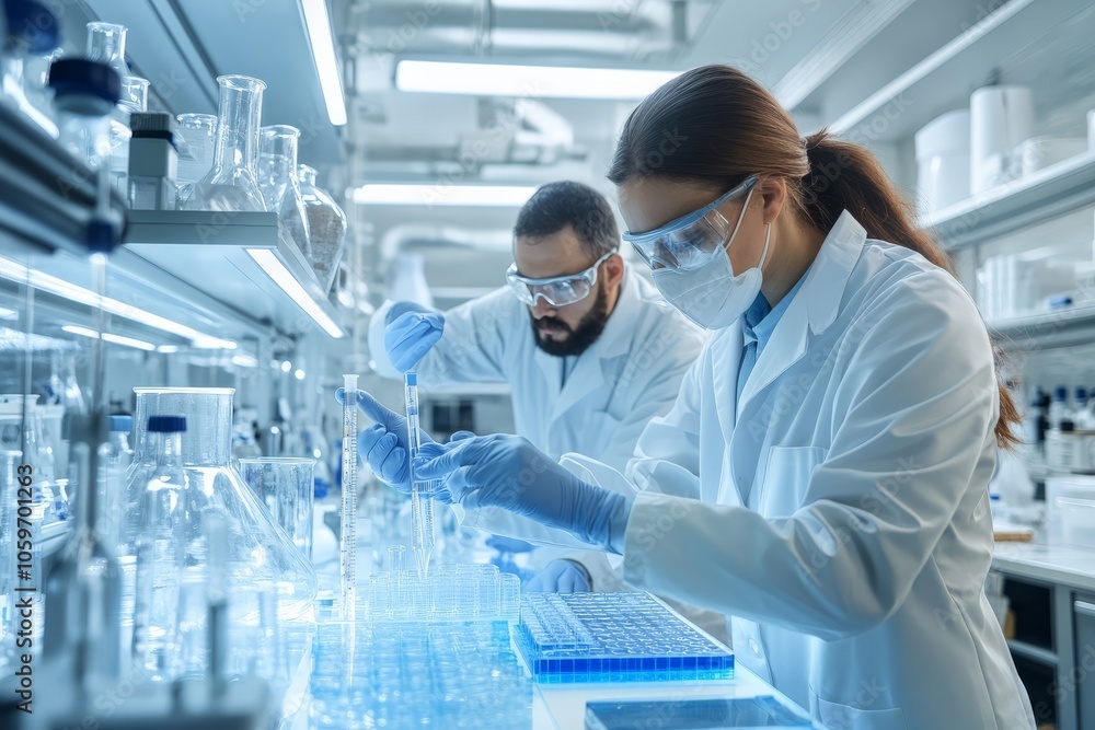 Poster two scientists engaged in a detailed experiment in a modern laboratory, showcasing collaboration and