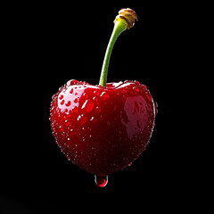 A red cherry covered in water droplets with a single drop hanging from its tip, set against a dramatic black background, highlighting its freshness and juiciness