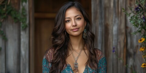 Fototapeta premium Beautiful Young Woman with Long Hair Posing in a Rustic Setting