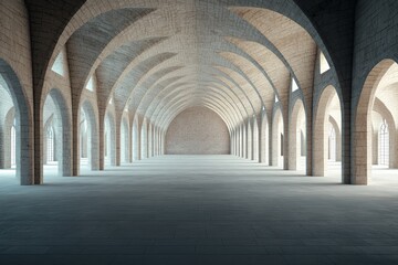 Obraz premium A grand, open stone hall with a series of elegant arches, casting long shadows across the floor, evoking a sense of historic architectural beauty.