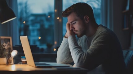 Pensive young man working late at night on a laptop in a cozy home environment