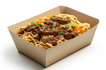 A delicious paper box filled with savory noodles and tender beef on a clean white background