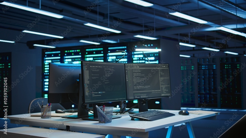 Poster computers in data center used for managing equipment rackmounts energy consumption. panning shot of 