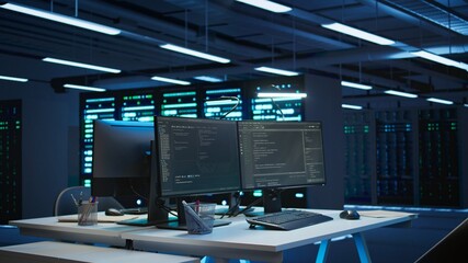 Computers in data center used for managing equipment rackmounts energy consumption. Panning shot of PC monitors in high tech establishment used for automation and monitoring processes in server hub